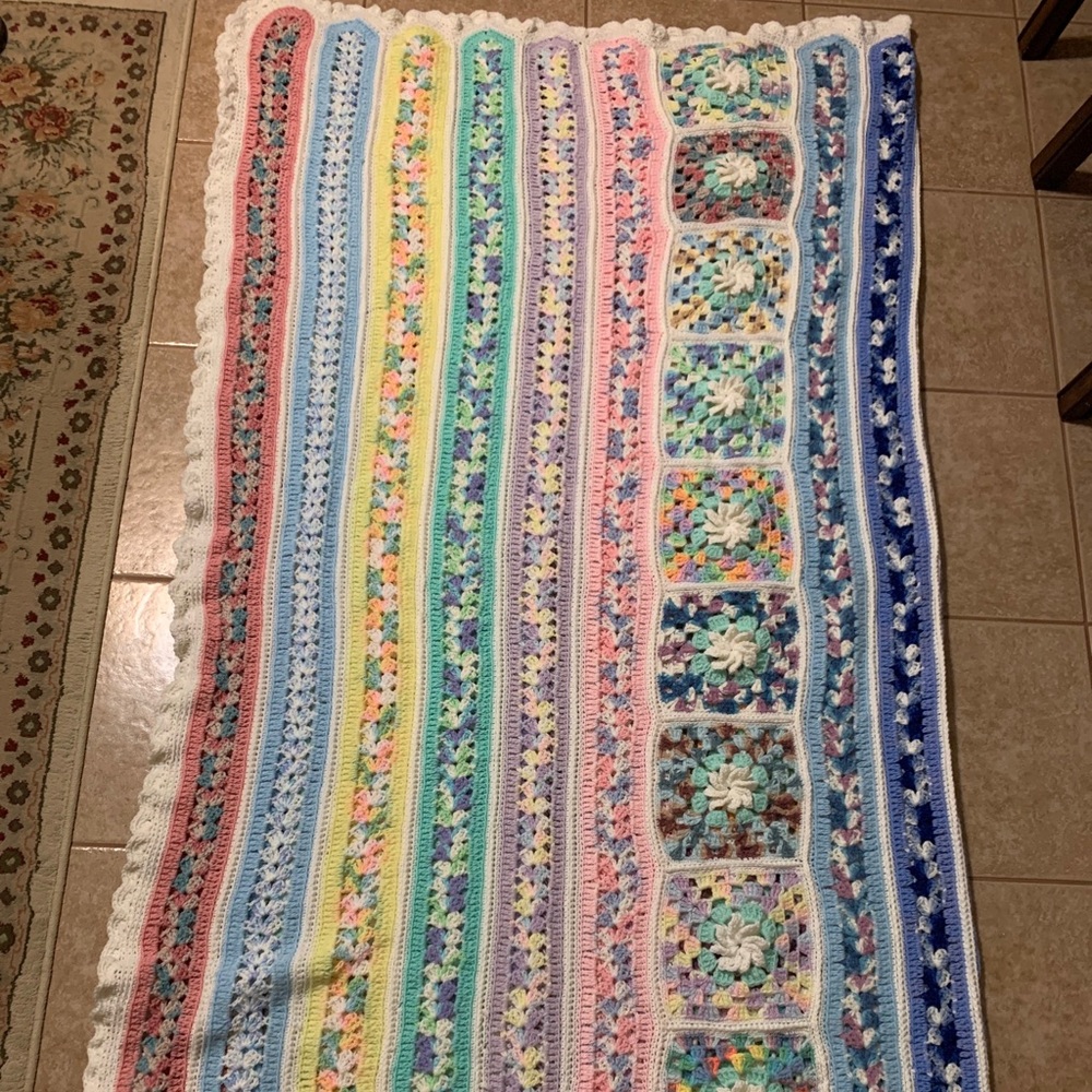 Vintage Crochet Afghan King Size Handmade Blanket 80x104” Rainbow Pastel